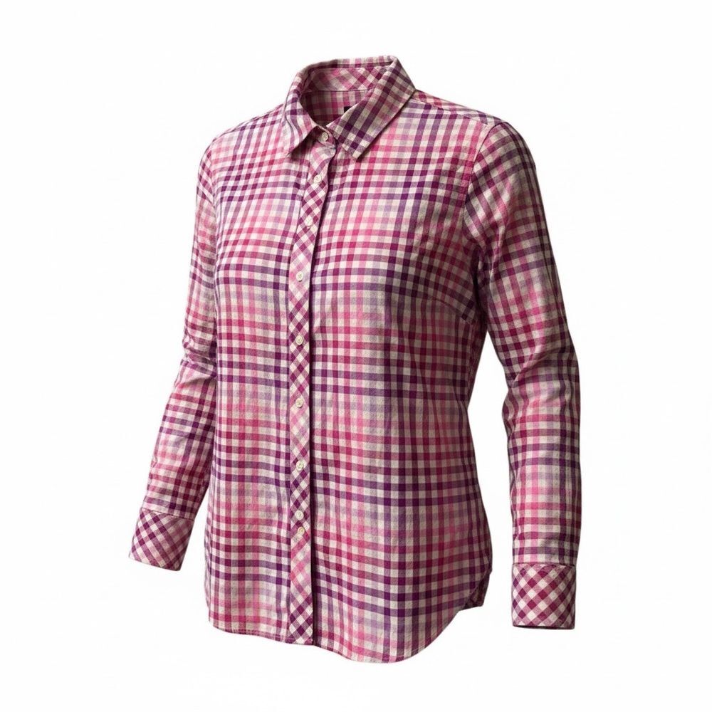 Talbots Gingham Button-Down Shirt Pink Purple Medium Petite 100% Cotton